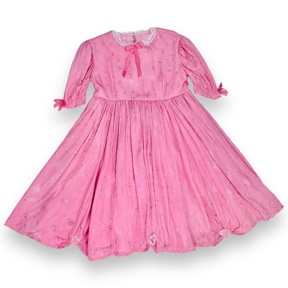 Vintage Girls 70s 80s Pink Silky Floral Lace Frilly Full Circle Dress 6 - 8